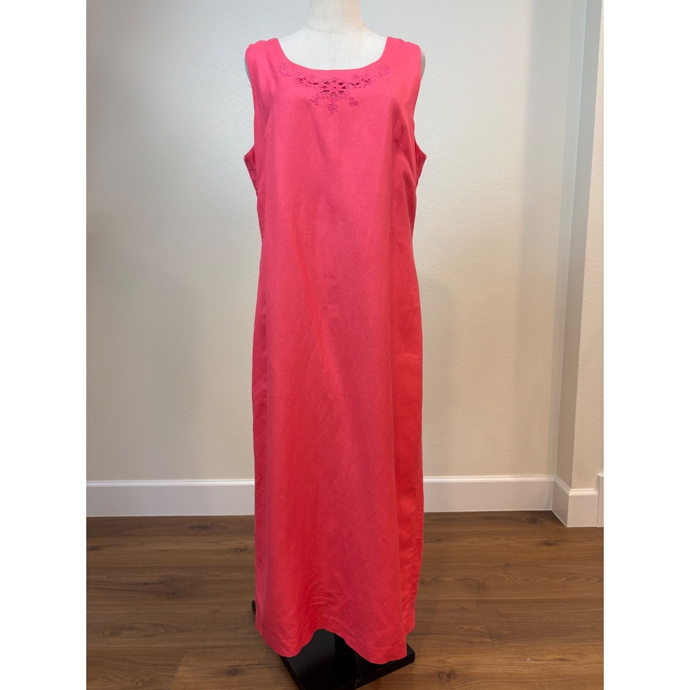 Coldwater Creek Maxi Dress 16 Pink Embroidered Beaded Linen sleeveless Lined